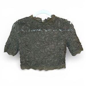 Olive Lace & Crochet Crop Top with Back Zip – XS (Estimated)